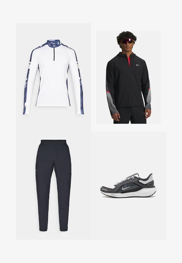 Zwarte zip-up jas met een capuchon, voorzien van grijze strepen en rode accenten op de mouwen. Draag deze over een rood T-shirt, weergegeven met een zonnebril.; Langermig sportshirt, wit met blauw patroon op de mouwen, hoge kraag en 1/4 ritssluiting. Heeft contrasterende zwarte strepen op de mouwen.; Zwarte sportbroeken met een gladde textuur, slanke pasvorm, elastische tailleband en zijzakken. Bevat een klein logo op het linkerdij.; Zwarte en grijze sportschoen met een bovenwerk van mesh, reflecterende accenten en een witte tussenzool. Beschikt over een gestructureerde rubberen zool en veters.
