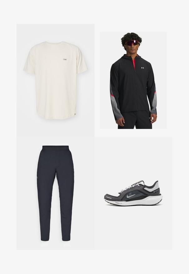 Schwarze Zip-up-Jacke mit Kapuze, mit grauen Streifen und roten Akzenten an den Ärmeln. Getragen über einem roten Shirt, präsentiert mit Sonnenbrille.; Cremiges T-Shirt mit rundem Halsausschnitt und kurzen Ärmeln. Verfügt über ein kleines graues Logo auf der linken Brustseite. Weicher Stoff, lockere Passform.; Schwarze Sporthose mit glatter Textur, schlankem Schnitt, elastischem Bund und seitlichen Taschen. Mit einem kleinen Logo auf dem linken Oberschenkel.; Schwarzer und grauer Sportschuh mit einem Mesh-Obermaterial, reflektierenden Akzenten und einer weißen Zwischensohle. Verfügt über eine strukturierte Gummisohle und Schnürsenkel.