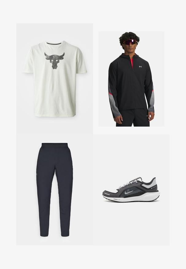 Sort zip-jakke med hætte, prydet med grå striber og røde detaljer på ærmerne. Bæres over en rød skjorte, vist med solbriller.; Hvid bomulds t-shirt med et metallisk sort tyrkranie grafisk motiv centreret på brystet. Korte ærmer og rund halsudskæring.; Sorte atletiske bukser med en glat overflade, tætsiddende pasform, elastisk talje og sidelommer. Indeholder et lille logo på venstre lår.; Sort og grå atletisk sko med en mesh-overdel, reflekterende detaljer og en hvid mellemsål. Har en tekstureret gummisål og snørebånd.