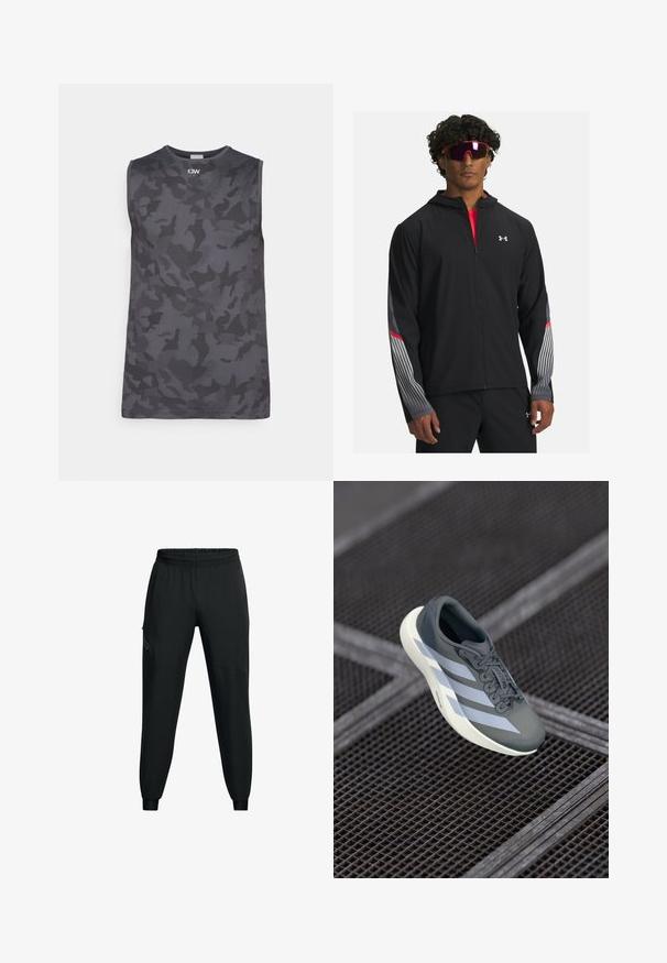 Mustra musta tõmbetaskuga jope, millel on hallid triibud ja punased aktsendid varrukatel. Kandmine punase särgi peal, esitatud koos prillidega.; Kätetukseta tumehall tank top, millel on kamuflaažimuster. Valmistatud siledast kangast, sellel on ümar kaelus ja keskel väike logo.; Musthave mustamaadid sportlikud püksid elastse vöökohaga, kitseneva jala disainiga, küljetaskudega ja kontrastsete paneelide detailidega. Kerge, sileda kangaga.; Hallide saapad hallis ja valges, valmistatud sünteetilisest materjalist, voolujoonelise disainiga, tekstuurse viimistlusega ja silmapaistva nöörimise süsteemiga.