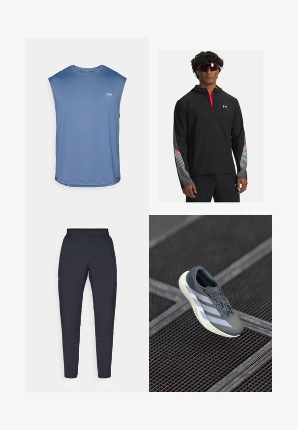 Zwarte zip-up jas met een capuchon, voorzien van grijze strepen en rode accenten op de mouwen. Draag deze over een rood T-shirt, weergegeven met een zonnebril.; ICANIWILL STRIDE SLEEVELESS - T-shirt basic - dusty twilight blue; Zwarte sportbroeken met een gladde textuur, slanke pasvorm, elastische tailleband en zijzakken. Bevat een klein logo op het linkerdij.; Sportschoen in grijs en wit, gemaakt van synthetisch materiaal, met een gestroomlijnd ontwerp, textuurafwerking en een opvallend vetersysteem.