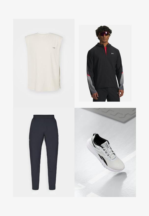 Black zip-up jacket with a hood, featuring gray stripes and red accents on sleeves. Worn over a red shirt, displayed with sunglasses.; Cream-colored sleeveless top in lightweight fabric featuring a V-neck, side slits, and a small logo on the left chest.; Black athletic pants with a smooth texture, slim fit, elastic waistband, and side pockets. Features a small logo on the left thigh.; Light gray athletic shoe with black accents, textured mesh upper, cushioned sole, and lace-up closure. Features a heel pull tab.