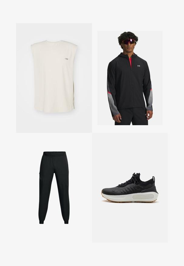 Čierna zipová bunda s kapucňou, obsahujúca šedé pruhy a červené akcenty na rukávoch. Nosená cez červené tričko, vystavená s okuliarmi.; Krémová bezrukávová blúzka z ľahkého materiálu s výstrihom do V, bočnými rozparkami a malým logom na ľavej hrudi.; Čierne športové nohavice s elastickým pásom, zúženým strihom nohavíc, bočnými vreckami a kontrastnými panelmi. Ľahká, hladká látka.; Čierne športové topánky s textúrovaným zvrškom, golierom v štýle ponožky, sivými šnúrkami a bielou medzipodrážkou, ktorá má vzorovaný dizajn, a gumovou podrážkou.