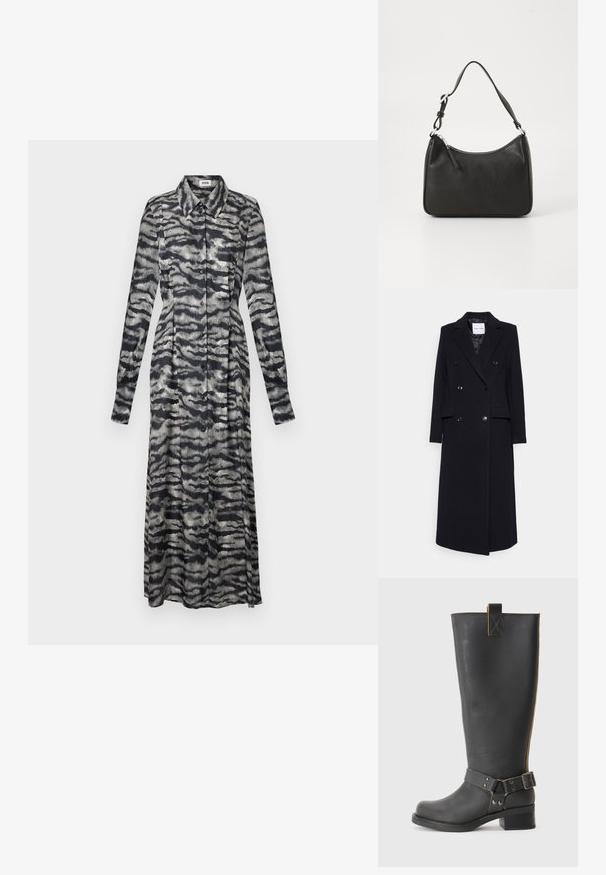 Samsøe Samsøe - Klasyczny płaszcz; Długa, wzorzysta sukienka w czerni i szarości z kołnierzem, długimi rękawami, zapięciem na guziki i luźnym krojem, z falistym abstrakcyjnym wzorem.; Czarne skórzane, wysokie do kolan botki o teksturowanym wykończeniu, wyposażone w akcent w postaci klamry z boku oraz niski obcas. Szczegółowe przeszycia wzdłuż szwów.; Czarna skórzana torebka o zaokrąglonym kształcie, z pojedynczym uchwytem, zamknięciem na zamek błyskawiczny oraz subtelnym logo z przodu. Gładka faktura, minimalistyczny design.