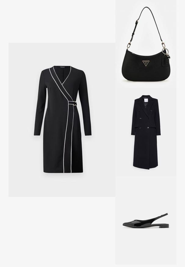 Samsøe Samsøe Klasikinis paltas - black; Juodas apvalkalas su ilgomis rankovėmis, baltas apvadas priekyje ir auksinės spalvos akcentai. Lygus, audinys, iki kelių dizainas.; Juodos blizgios odinės slingback tipo bateliai su smailiu nosine ir žemu blokuotu kulnu. Sklandus paviršius, minimalus dizainas, atvira nugarėlė ir glotnus siluetas.; Juodas sintetinės medžiagos petinės rankinės su lenkta siluetu, tekstūruota apdaila, auksiniu trikampiu logotipu ir nuimamais aksesuarais.