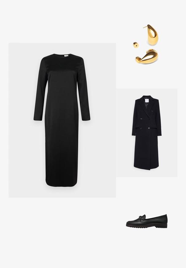 Samsøe Samsøe Klassisk kappa / rock - black; Svart långärmad klänning i slät tyg, med en klassisk rund halsringning och rak passform, i knälång design.; Svarta läderloafers med en flätad accent framtill, platt gummisula och sydda detaljer längs kanten.; Svart läder crossbody-väska med halvmåneform, texturerad yta, guldblixtlås och en platt rem. Kompakt design som passar för det nödvändigaste.; Singularu DROP - Örhänge - gold-coloured