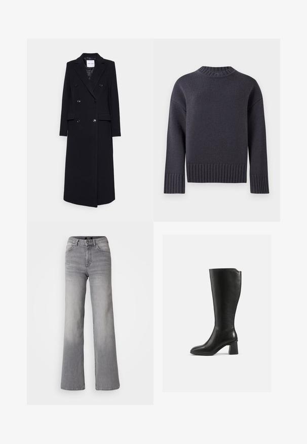 Samsøe Samsøe Klasisks mētelis - black; Jūras spēku krāsas adīta džemperis ar augstu ribotu apkakli un platām ribotām piedurknēm un apakšmalu. Ievēro relaksētu piegriezumu un teksturētu audumu.; Augsti vidukļa taisnas kājas pelēkas džinsa bikses ar priekšējo pogu un rāvējslēdzēju, priekšējām un aizmugurējām kabatām, kā arī izbalinātiem toņiem uz augšstilbiem un teļiem.; Melna ādas zābaks līdz ceļiem ar kvadrātveida bloku papēdi. Gluda tekstūra, pieguļošs dizains, minimāla vērpšana un noapaļota purngala forma.