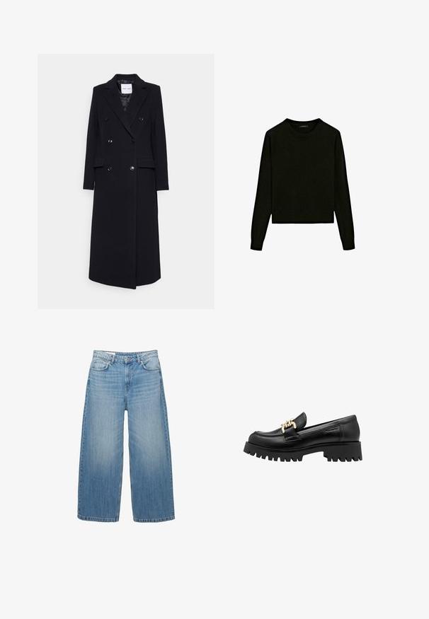 Samsøe Samsøe Mantel - black; Zwarte gebreide trui met een ronde hals, lange mouwen en een cropped ontwerp. Gemaakt van een zacht materiaal met een gladde textuur.; Lichtblauwe wijde jeans van denim, met een klassieke vijf-pocketontwerp en een knoopsluiting. Verbleekte textuur overal.; Zwarte leren instapper met een stevige rubberen zool en een decoratieve gouden kettingaccent aan de voorkant. Glad oppervlak met een ronde neus.