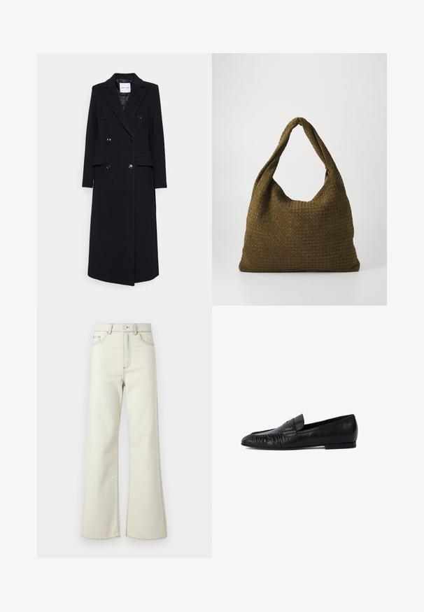Samsøe Samsøe - Klasyczny płaszcz; Czarny sweter wykonany na szydełku z okrągłym dekoltem, długimi rękawami i skróconym fasonem. Wykonany z miękkiego materiału o gładkiej fakturze.; Beżowe dżinsy z wysokim stanem i szerokimi nogawkami, z jasnym przeszyciem i zapięciem na suwak z przodu. Nie mają widocznych kieszeni.; Czarne skórzane mokasyny z zaokrąglonym noskiem, haftem z przodu i płaską podeszwą. Minimalistyczny design z subtelnym akcentem logo.; Torebka z tkaniny plecionej w oliwkowym kolorze o przestronnym, zaokrąglonym kształcie i jednym, wydłużonym uchwycie do noszenia. Teksturowana powierzchnia.