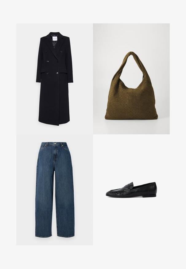 Samsøe Samsøe - Klasyczny płaszcz; Czarny sweter wykonany na szydełku z okrągłym dekoltem, długimi rękawami i skróconym fasonem. Wykonany z miękkiego materiału o gładkiej fakturze.; Szerokie dżinsy o ciemnoniebieskim kolorze. Wykonane z mocnej bawełny o gładkiej fakturze. Posiadają zapięcie na guzik oraz klasyczny pięciokieszeniowy design.; Czarne skórzane mokasyny z zaokrąglonym noskiem, haftem z przodu i płaską podeszwą. Minimalistyczny design z subtelnym akcentem logo.; Torebka z tkaniny plecionej w oliwkowym kolorze o przestronnym, zaokrąglonym kształcie i jednym, wydłużonym uchwycie do noszenia. Teksturowana powierzchnia.