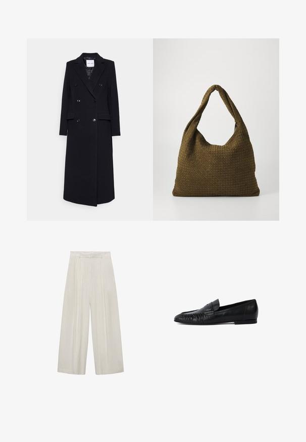 Samsøe Samsøe Klassisk frakke - black; Sort strikket sweater med rund hals, lange ærmer og cropped design. Fremstillet af et blødt materiale med en glat tekstur.; Bredde bukser i lys beige med lodrette hvide striber. Har høj talje, plisseret front og glat tekstur.; Sorte læder loafers med rund tå, syet detaljering på forsiden og flad sål. Minimalistisk design med en diskret logoaccent.; Vævet stofhåndtaske i olivengrøn med en rummelig, rund form og et enkelt, forlænget håndtag til bæring. Struktureret overflade.