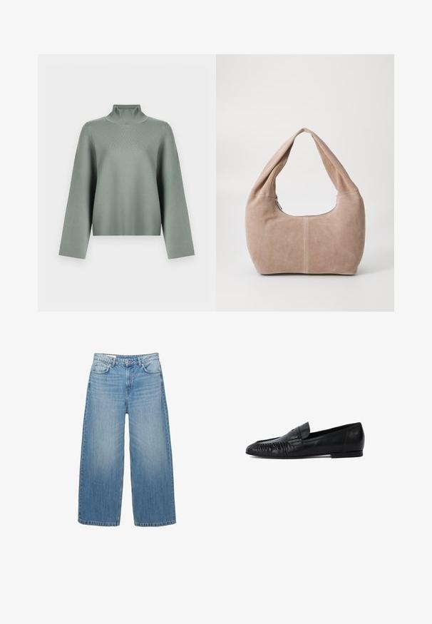 Samsøe Samsøe Klassischer Mantel - black; Hellgrüner Strickpullover mit langen, weiten Ärmeln und hohem, geripptem Rollkragen vor einem weißen Hintergrund.; Hellblaue weite Jeans aus Denim, mit einem klassischen Fünf-Taschen-Design und einem Knopfverschluss. Im ganzen Stoff mit einem verwaschenen Look.; Schwarze Lederloafers mit runder Zehe, gestickten Details an der Vorderseite und flacher Sohle. Minimalistisches Design mit dezentem Logoakzent.; Hobo-Tasche aus weichem Wildledermaterial in einem hellen Beigeton. Verfügt über eine runde Form, einen breiten Riemen und einen Reißverschluss.