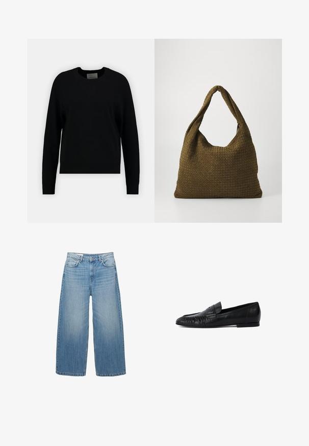 Samsøe Samsøe Cappotto classico - black; Maglione nero a maglia con scollo rotondo, maniche lunghe a raglan e orlo a coste. Texture liscia, design minimale, senza pattern o dettagli visibili.; Jeans a gamba larga di un blu chiaro in denim, con un classico design a cinque tasche e chiusura con bottone. Texture scolorita in tutta la superficie.; Mocassini in pelle nera con punta arrotondata, dettagli cuciti sul davanti e suola piatta. Design minimalista con un sottile accento del logo.; Borsa in tessuto intrecciato di colore verde oliva, dalla forma ampia e arrotondata, con un'unica maniglia allungata per il trasporto. Superficie texturizzata.