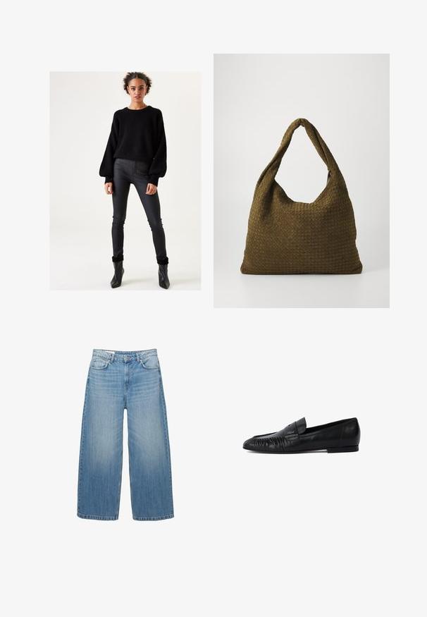 Samsøe Samsøe Mantel - black; Zwarte gebreide trui met oversized mouwen, gecombineerd met hoog design zwarte leren broeken en stijlvolle zwarte enkellaarsjes. Glad textuur, aansluitend ontwerp.; Lichtblauwe wijde jeans van denim, met een klassieke vijf-pocketontwerp en een knoopsluiting. Verbleekte textuur overal.; Zwarte leren loafers met een ronde neus, gestikte details aan de voorkant en een platte zool. Minimalistisch ontwerp met een subtiele logo-accent. ; Geweven stoffen handtas in olijfgroen met een ruime, ronde vorm en een enkele, lange handgreep om te dragen. Gestructureerd oppervlak.