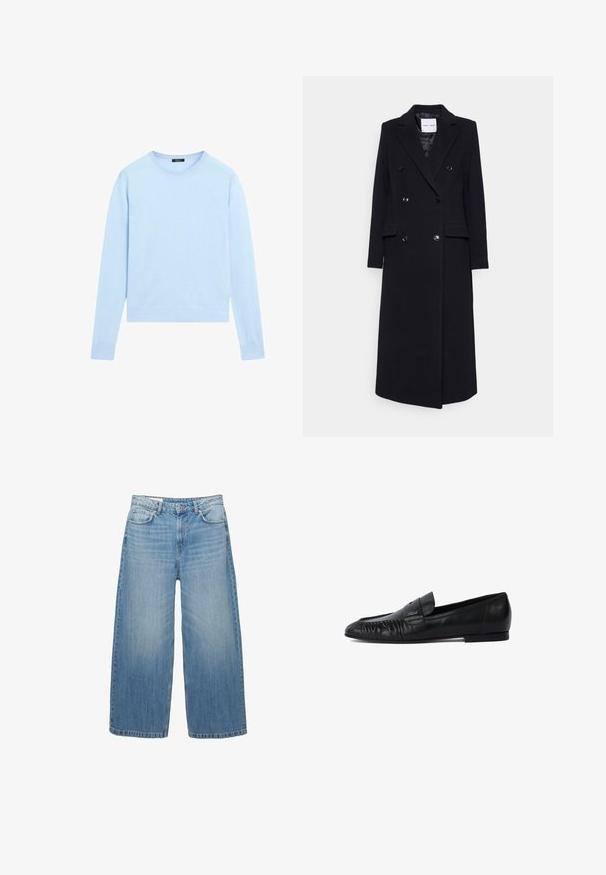 Samsøe Samsøe Klassisk kappa / rock - black; Ljusblå tröja med långärmar, gjord av mjukt stickat tyg; rund halsringning; ribbade muddar och fåll; enkel design utan mönster eller detaljer.; Ljusblå vida jeans i denim, med en klassisk femfickdesign och knappstängning. Urblekt textur genom hela plagget.; Svarta läderloafers med rund tå, stygn på framsidan och platt sula. Minimalistisk design med en diskret logotypaccent.