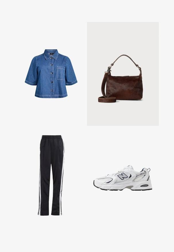 Samsøe Samsøe Klasičan kaput - black; Traper jakna kratkih rukava u tamnoplavoj boji s bijelim vertikalnim prugama, kopčanje na gumbi, ovratnik i prednja džep. Glatka tekstura i ležeran dizajn.; Crne trenirke s bijelim bočnim trakama, elastičnim pojasom i logotipom. Izrađene od glatkog, laganog materijala. Ravni kroj nogavica.; Bijela atletska cipela s mrežastim gornjim dijelom, mornarskim akcentima i podstavljenim potplatom. Sadrži "N" logo, vezice i teksturirani detalj sa strane.; Smeđa kožna torba s mekom, teksturiranom vanjskom površinom koja nalikuje krznu, slim dizajn, kratka drška i odvojivi remen.