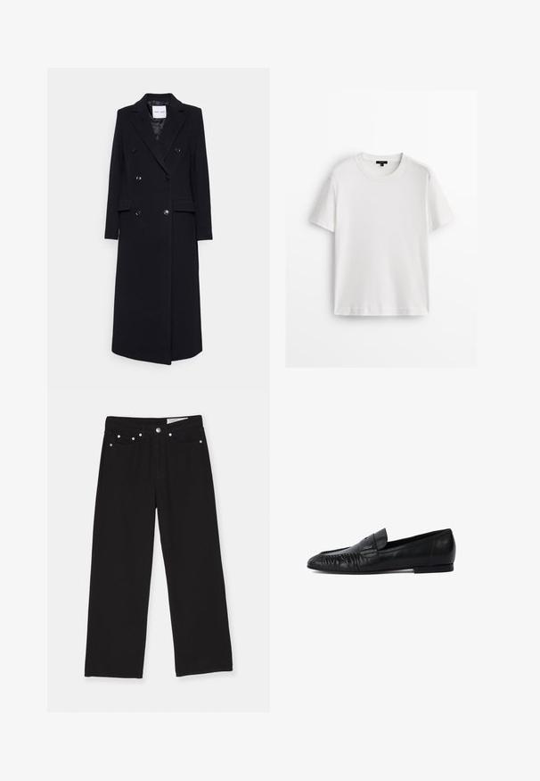 Samsøe Samsøe Klassischer Mantel - black; Weißes Baumwoll-T-Shirt mit kurzen Ärmeln, Rundhalsausschnitt und lockerer Passform. Glatte Textur und schlichtes Design, keine Muster oder Akzente.; Schwarze weit geschnittene Jeans aus Denim, mit einem Fünf-Taschen-Design, Knopfverschluss und metallischen Hardware-Akzenten. Strukturierter Stoff mit glatter Oberfläche.; Schwarze Lederloafers mit runder Zehe, gestickten Details an der Vorderseite und flacher Sohle. Minimalistisches Design mit dezentem Logoakzent.