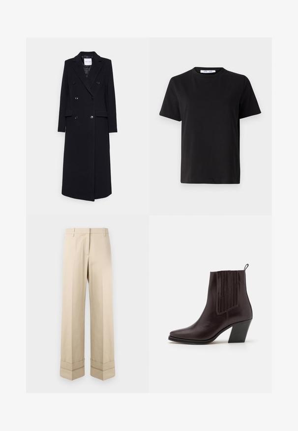 Samsøe Samsøe Klasszikus kabát - black; Fekete, rövid ujjú póló, puha pamutból készült, kerek nyakkivágással, laza szabással és sima textúrával. Nincs látható minta vagy grafikák.; Beige színű, egyenes szabású nadrág, duplakampós szegéllyel és lapos elülső kialakítással. Sima, tartós anyagból készült.; Sötétbarna bőr bokacsizma hegyes orral, oldalt függőleges bordázott részletekkel és közepes magasságú tömbsarkúval.