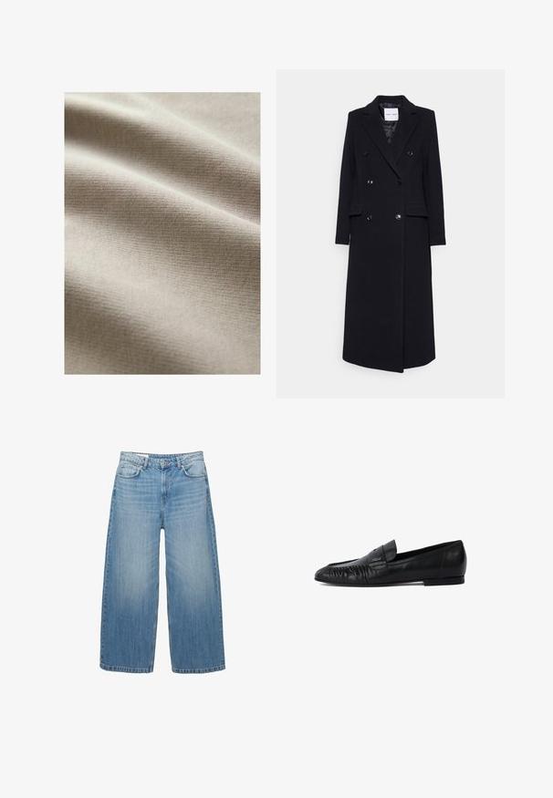 Samsøe Samsøe Klassisk frakke - black; Beige stof med en glat, tekstureret overflade, der viser subtile vandrette linjer og rynker, hvilket indikerer blødhed og fleksibilitet.; Lys blå brede jeans lavet af denim, med et klassisk fem-lomme design og en knaplukning. Har en falmet struktur over det hele.; Sorte læder loafers med rund tå, syet detaljering på forsiden og flad sål. Minimalistisk design med en diskret logoaccent.