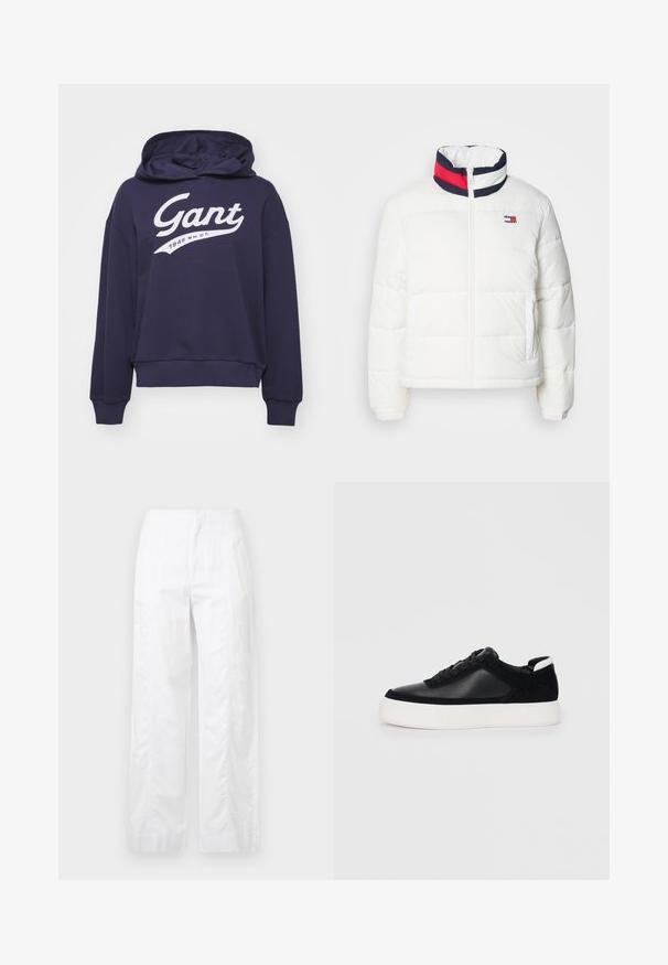 Fehér puffermellény magas gallérral, tengerészkék, piros és fehér csíkkal díszítve. Középen cipzárral nyílik, oldalsó zsebekkel rendelkezik. Sima textúra.; Sötétkék pulóver kapucnival, pamut keverékből készült, nagy fehér "Gant" logóval és "1949 N.H.C.T." felirattal ívelt formában.; Fehér, széles szárú nadrág könnyű anyagból, sima textúrával, letisztult vonalakkal és magasderék kialakítással.; Fekete sportcipő sima bőrből és velúr panelekkel, lapos fűzőkkel, kerek orral és fehér gumi talppal. Megkülönböztető logó a sarkán.