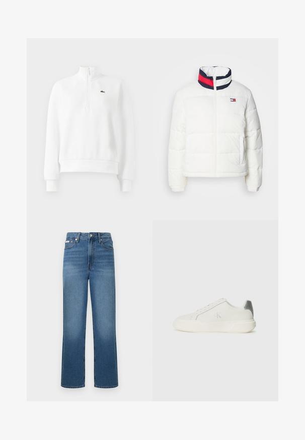 Hvit pufferjakke med høy krage, med en marineblå, rød og hvit stripet detalj. Glidelås i midten foran og sidelommer. Glatt tekstur.; Hvit langermet genser med kvart glidelås og ribbestrikkede mansjetter og nederkant, med en liten grønn brodert krokodillelogo på brystet.; Blå denimjeans med høyt liv og rette ben, lett falming, frontlommer, knappelukking og beltehemper. Jevn tekstur og klassisk design.; Hvit sneaker laget av lær med en jevn tekstur, med en sølv aksent på hælen, flat såle og minimalistisk design.