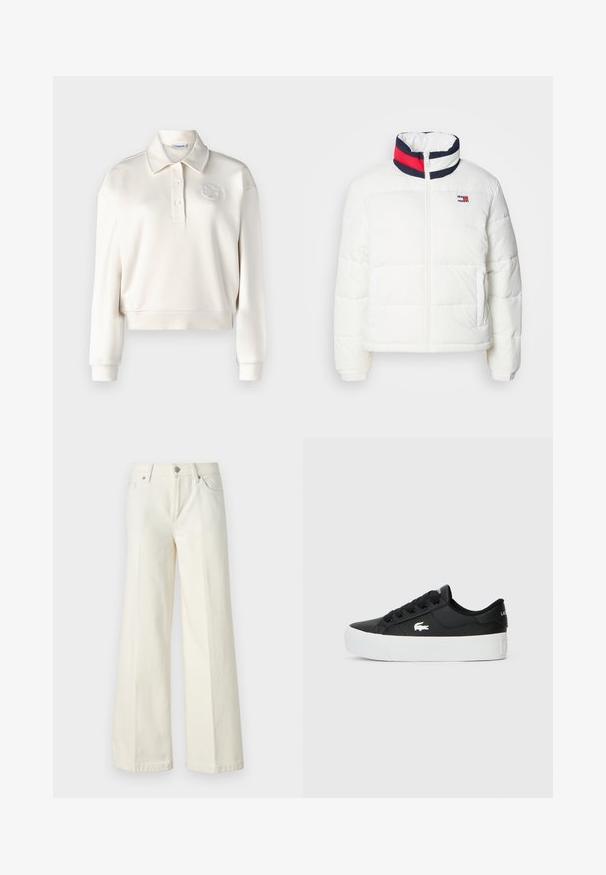 Giacca a vento bianca con collo alto, caratterizzata da un'accademia a righe blu, rossa e bianca. Zip centrale frontale e tasche laterali. Texture liscia.; Polo a maniche lunghe di colore crema, con colletto, patta con tre bottoni e dettaglio del logo ricamato sulla parte superiore sinistra. Texture morbida.; Jeans bianchi a gamba larga realizzati in tessuto misto cotone. Presentano una chiusura lampo, design a cinque tasche e cuciture lungo le cuciture.; Sneaker nera a basse top realizzata in materiale sintetico, con suola in gomma bianca, lacci neri e un piccolo logo bianco di lato.
