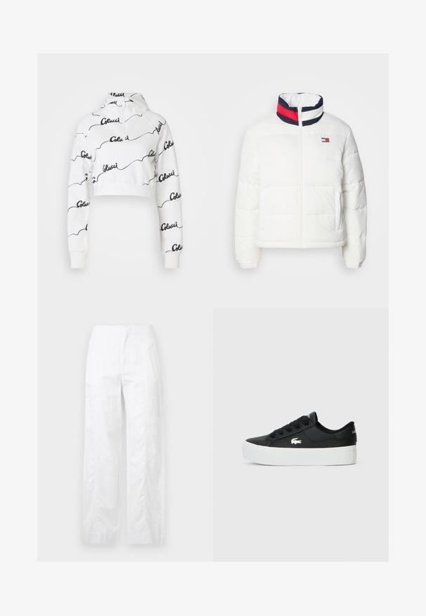 White puffer jacket with a high collar featuring a navy, red, and white striped accent. Center front zip and side pockets. Smooth texture.; White cropped hoodie made of soft fabric, featuring a black script logo pattern throughout. Includes a drawstring hood and ribbed cuffs.; White wide-leg trousers made of lightweight fabric, featuring a smooth texture, clean lines, and a high waist design.; Black low-top sneaker made of synthetic material, featuring a white rubber sole, black laces, and a small white logo on the side.