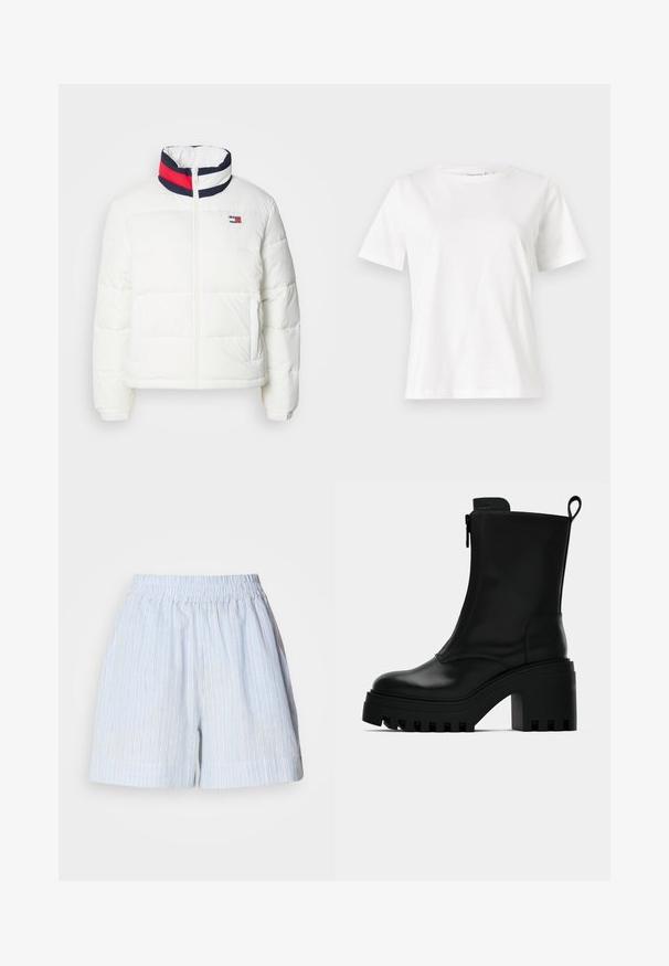 White puffer jacket with a high collar featuring a navy, red, and white striped accent. Center front zip and side pockets. Smooth texture.; White cotton t-shirt with short sleeves, round neckline, and a relaxed fit. Smooth texture, no patterns or accents, minimalistic design.; Light blue shorts with vertical white and dark blue stripes. Features an elastic waistband and a relaxed fit. Made from a soft material.; Black leather ankle boot with chunky lug sole, block heel, side zipper, and pull tab at the back on plain white background.