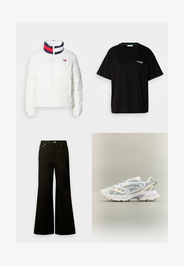 Casaco puffer branco com colarinho alto, apresentando um detalhe em riscas azul marinho, vermelho e branco. Fecho central com zíper e bolsos laterais. Textura suave.; T-shirt preta de algodão com mangas curtas, apresentando um pequeno logótipo verde no lado esquerdo do peito. Decote redondo clássico, ajuste descontraído.; Calças de ganga pretas de cintura alta e perna larga, com botão e fecho éclair frontal, passadores para cinto e cinco bolsos, incluindo um pequeno bolso para moedas.; Ténis desportivos com parte superior em malha branca e cinza claro, sola almofadada e piso de borracha texturizada para maior tração.