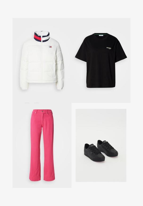Witte pufferjas met een hoge kraag en een marineblauwe, rode en witte gestreepte accentuering. Centraal vooraan rits en zijzakken. Gladde textuur.; Zwarte katoenen t-shirt met korte mouwen, voorzien van een klein groen logo op de linkerkant van de borst. Klassieke ronde hals en een relaxte pasvorm.; Roze wijde broek van katoen, met een frontknop, ritssluiting en klassiek vijfzakkenontwerp. Gladde textuur en reguliere pasvorm.; Zwarte low-top sneakers van glad materiaal, met dikke veters, een gestructureerde zool en een klein logo aan de zijkant en op de tong.