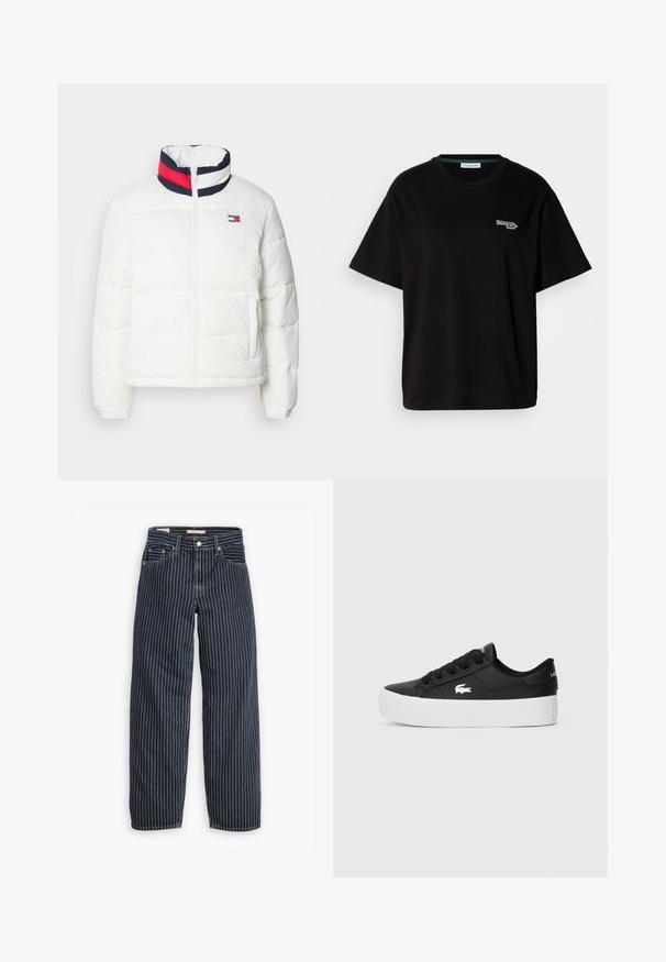 Hvit pufferjakke med høy krage, med en marineblå, rød og hvit stripet detalj. Glidelås i midten foran og sidelommer. Glatt tekstur.; Svart bomull T-skjorte med korte ermer, med et lite grønt logoakcent på venstre bryst. Klassisk rund hals, avslappet passform.; Levi's® BAGGY DAD - Jeans relaxed fit - partly masked lb; Sorte lavtopp sneakers laget av syntetisk materiale, med hvit gummisåle, svarte snørebånd og en liten hvit logo på siden.