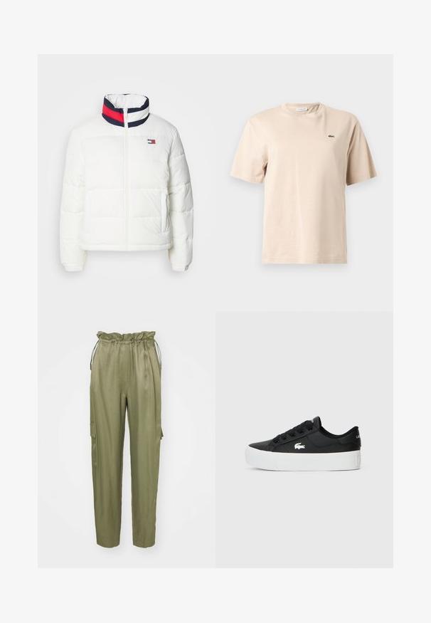 Hvit pufferjakke med høy krage, med en marineblå, rød og hvit stripet detalj. Glidelås i midten foran og sidelommer. Glatt tekstur.; Beige bomulls-T-skjorte med rund hals, korte ermer og en liten grønn brodert krokodillelogo på venstre bryst.; Olivengrønne cargo-bukser med elastisk snoreliv, smalnende ben og en sidelomme. Glat stof med mat overflade.; Sorte lavtopp sneakers laget av syntetisk materiale, med hvit gummisåle, svarte snørebånd og en liten hvit logo på siden.