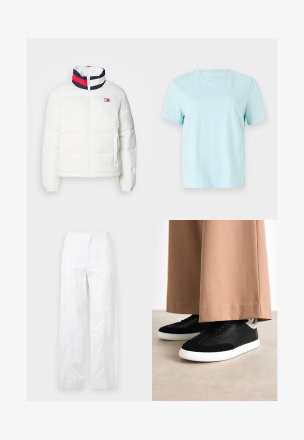 Giacca a vento bianca con collo alto, caratterizzata da un'accademia a righe blu, rossa e bianca. Zip centrale frontale e tasche laterali. Texture liscia.; Maglietta in cotone azzurro chiaro con maniche corte, scollo a giro e logo 'Calvin Klein' ricamato in modo sottile sul davanti.; Pantaloni bianchi a gamba larga realizzati in tessuto leggero, con una texture liscia, linee pulite e un design a vita alta.; Sneaker neri e grigi con tomaia in pelle liscia e morbidi dettagli in camoscio; suola in gomma bianca; indossati con pantaloni beige a gamba larga.