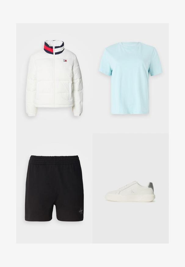 Bijela puffer jakna s visokim ovratnikom koja ima mornarsko plavu, crvenu i bijelu prugastu dekoraciju. Središnji prednji zip i bočne džepove. Glatka tekstura.; Svijetloplavi pamukasti majica s kratkim rukavima, okruglim izrezom i suptilnim izvezenim logotipom 'Calvin Klein' na prednjoj strani.; Crne pamučne kratke hlače s elastičnim pojasom i Calvin Klein logotipom u srebrnoj boji u donjem desnom kutu. Glatka tekstura.; Bijela tenisica od kože s glatkom teksturom, koja ima srebrni naglasak na peti, ravni đon i minimalistički dizajn.