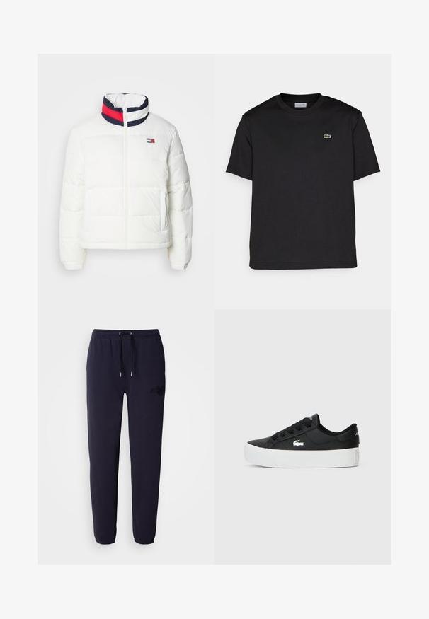 Casaco puffer branco com colarinho alto, apresentando um detalhe em riscas azul marinho, vermelho e branco. Fecho central com zíper e bolsos laterais. Textura suave.; T-shirt de algodão preta com decote redondo, mangas curtas e um pequeno logo verde bordado no lado esquerdo do peito. Design simples.; Sweatpants azul-marinho feitos de tecido suave, apresentando uma cintura elástica com cordão e um logo bordado numa das pernas.; Sapatilha preta de cano baixo feita de material sintético, com sola de borracha branca, atacadores pretos e um pequeno logótipo branco na lateral.