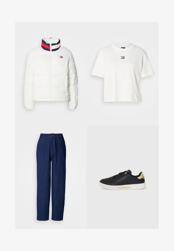 White puffer jacket with a high collar featuring a navy, red, and white striped accent. Center front zip and side pockets. Smooth texture.; White cotton t-shirt with a crew neckline and short sleeves. Features a small color logo patch with red, blue, and white accents on the chest.; Dark blue denim wide-leg pants with a high waist, featuring orange stitching, front pockets, and a button closure. Smooth texture with subtle specks.; Black leather sneaker with a smooth texture, white rubber sole, gold accents on the heel and eyelets, featuring a logo on the side.