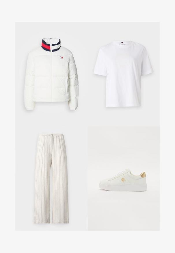Jachetă puf albă cu guler înalt, având un accent în dungi bleumarin, roșu și alb. Fermuar la mijloc și buzunare laterale. Textură netedă.; Tricou alb din bumbac, cu guler rotund, mâneci scurte și un design subtil al logo-ului galben care spune "HILFIGER NEW YORK 1985." Croială standard.; Samsøe Samsøe SATOVE TROUSERS - Pantaloni - egret; Adidași din piele albă cu o textură netedă, cu șireturi albe, accent de aur pe toc și un logo subtil pe lateral. Talpă din cauciuc plat.