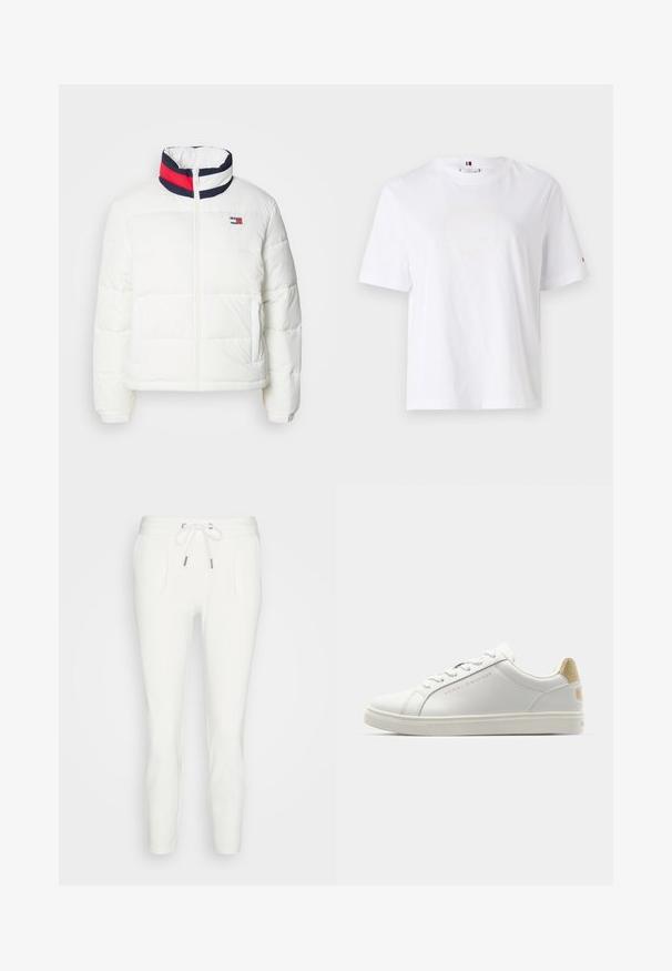Doudoune blanche avec un col montant, ornée d'un accent rayé bleu marine, rouge et blanc. Fermeture éclair au centre devant et poches latérales. Texture lisse.; T-shirt en coton blanc avec un col rond, des manches courtes et un design de logo jaune subtil indiquant "HILFIGER NEW YORK 1985". Coupe standard.; Pantalons de survêtement blancs en tissu doux, dotés d'une taille à cordon de serrage, de deux poches latérales et d'une coupe fuselée sans motifs ni accents visibles.; Baskets blanches en cuir avec une texture lisse, bout arrondi et lacets fins. Présente un accent logo doré et un talon beige moucheté.