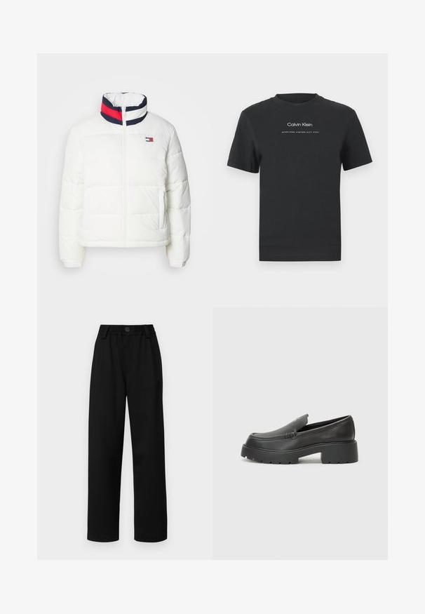 Valge puffjakker kõrge kaelusega, millel on tumesinine, punane ja valge triibuline aktsent. Esimene keskne lukustus ja külje taskud. Sile tekstuur.; Must musta T-särk, millel on ümmargune kaelus, lühikesed varrukad ja valge trükitud "Calvin Klein" logo ning tekst "Asutatud 1968".; Musta laienevatele pükstele, millel on tekstuuriga vöökoht, esine nööp sulgemisega ja kaks küljetaskut. Sile kangas ja kohandatud disain.; Mustad nahast loafers ümarate varvastega, paksu tekstuuriga tald ja minimaalsete õmbluse detailidega. Viimistletud disain, kus pole nähtavaid paelu ega riistu.