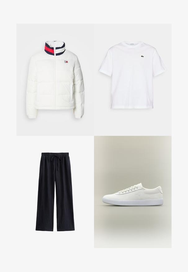 Biała kurtka puchowa z wysokim kołnierzem, ozdobiona akcentem w kolorze granatowym, czerwonym i białym w paski. Zamek błyskawiczny z przodu oraz boczne kieszenie. Gładka faktura.; Biała bawełniana koszulka z okrągłym dekoltem i krótkimi rękawami. Posiada zielone haftowane logo na piersi. Miękka tekstura, luźny krój.; Granatowe spodnie o szerokich nogawkach, wykonane z teksturowanej tkaniny, z elastycznym paskiem w talii i sznurkiem do regulacji dopasowania.; Niskie, białe skórzane trampki z białymi sznurowadłami i teksturowaną, białą podeszwą, wyeksponowane w profilu na tle neutralnej, gładkiej powierzchni.