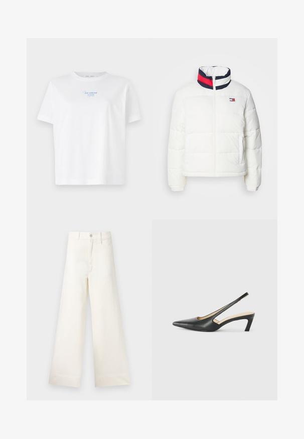 Weißer Pufferjacke mit hohem Kragen, der mit einem navyblauen, roten und weißen Streifenakzent verziert ist. Zentrale Frontreißverschluss und seitliche Taschen. Glatte Textur.; Weißes Baumwoll-T-Shirt mit Rundhalsausschnitt und kurzen Ärmeln, das einen blauen Drucktext "EISBITTE" über einer einfachen Linienzeichnung einer Eistüte zeigt.; Weite Hosen aus hellem beigen Baumwollstoff. Mit hoher Taille, vorderen Taschen und geradem Schnitt. Saubere Saumverarbeitung ohne Muster.; Schwarzer spitz zulaufender Slingback-Schuh mit niedrigem Absatz, der aus glattem Leder gefertigt ist und seitliche Ausschnitte für Atmungsaktivität aufweist.