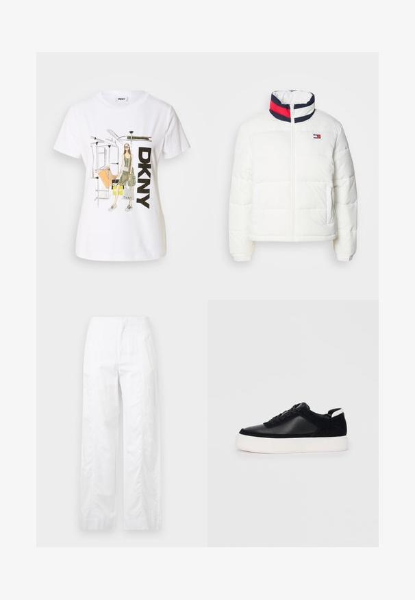 Casaco puffer branco com colarinho alto, apresentando um detalhe em riscas azul marinho, vermelho e branco. Fecho central com zíper e bolsos laterais. Textura suave.; T-shirt de algodão branco com uma ilustração gráfica de uma mulher, texto "DKNY" e elementos do metrô de Nova Iorque. Corte casual, mangas curtas.; Calças brancas de perna larga feitas de um tecido leve, com uma textura suave, linhas limpas e um design de cintura alta.; Sapatilha preta com painéis de pele lisa e camurça, atacadores planos, bico arredondado e sola de borracha branca. Logótipo distinto no calcanhar.