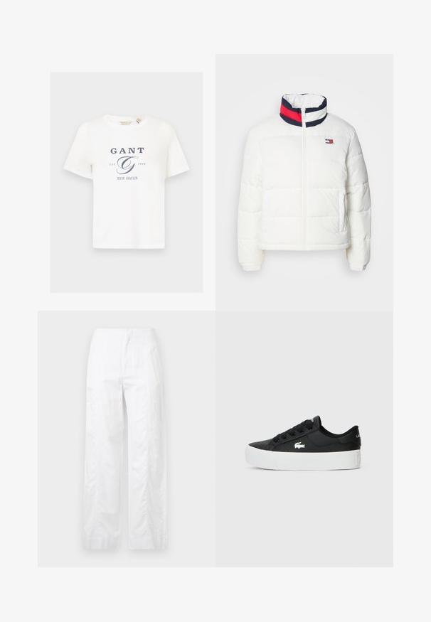 Balts pūkains mētelis ar augstu apkakli, kas satur jūras zila, sarkana un balta svītru akcentu. Centrālais priekšējais rāvējslēdzis un sānu kabatas. Gluda tekstūra.; Balta kokvilnas T-krekls ar īsām piedurknēm, ar tumši zilu grafisku tekstu, kas ietver "GANT", "EST. 1949" un "NEW HAVEN".; Baltas, plaša kāju bikses, izgatavotas no viegla auduma, ar gludu tekstūru, tīrām līnijām un augstu jostasvietu.; Melnas zemas sporta kurpes, kas izgatavotas no sintētiska materiāla, ar baltu gumijas zoli, melnu auklu un mazu balto logotipu sānu daļā.