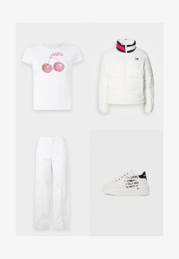 Casaco puffer branco com colarinho alto, apresentando um detalhe em riscas azul marinho, vermelho e branco. Fecho central com zíper e bolsos laterais. Textura suave.; T-shirt branca de manga curta com cerejas em lantejoulas cor-de-rosa e texto "Guess" acima. Design clássico de gola redonda com uma textura suave.; Calças brancas de perna larga feitas de um tecido leve, com uma textura suave, linhas limpas e um design de cintura alta.; Sapatilhas plataforma brancas com detalhes pretos, apresentando uma sola texturizada e texto manuscrito nas laterais. Material de couro suave.
