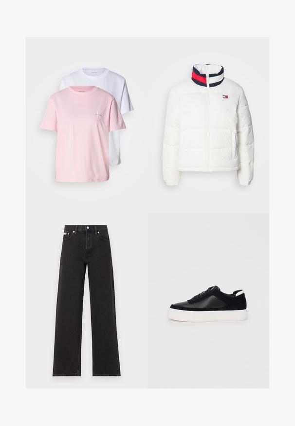 Casaco puffer branco com colarinho alto, apresentando um detalhe em riscas azul marinho, vermelho e branco. Fecho central com zíper e bolsos laterais. Textura suave.; Duas T-shirts: uma cor-de-rosa clara e uma branca. Ambas são de manga curta, feitas de algodão, com gola redonda e um pequeno logotipo no peito.; Jeans de perna larga pretos feitos de denim, apresentando uma cintura alta, estilo de cinco bolsos e um fecho em botão de metal com costura contrastante.; Sapatilha preta com painéis de pele lisa e camurça, atacadores planos, bico arredondado e sola de borracha branca. Logótipo distinto no calcanhar.