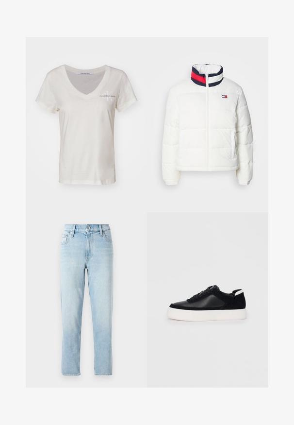 Hvit pufferjakke med høy krage, med en marineblå, rød og hvit stripet detalj. Glidelås i midten foran og sidelommer. Glatt tekstur.; Hvit bomull t-skjorte med V-hals og korte ermer. Har en liten Calvin Klein Jeans-logo på venstre brystområde. Glatt tekstur.; Lyseblå denimjeans, rett ben-design, midjehøyde, med fem lommer og en knappelukking foran.; Svart sneakers med glatt skinn og semsket skinnpaneler, flate snørebånd, rund tå og hvit gummisåle. Distinkt logo på hælen.