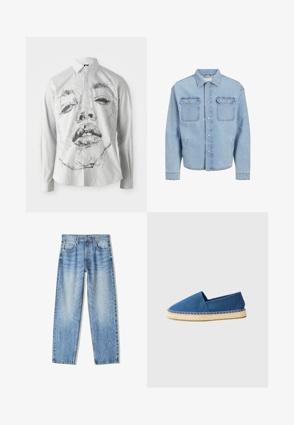 Jasnoniebieska kurtka dżinsowa z kołnierzem, zapięciem na napy z przodu, dwoma kieszeniami na piersi oraz bocznymi kieszeniami wszytymi, z widocznymi detalami szycia.; Koszulka z długim rękawem w paski, z monochromatyczną ilustracją twarzy na przodzie. Materiał jest gładki, z klasycznym kołnierzykiem i detalami guziczków.; Jasnoniebieskie dżinsy o luźnym kroju, prostych nogawkach, pięcioma kieszeniami i wyblakłej fakturze. Zawierają zamek błyskawiczny i zapięcie na guziki z przodu.; Niebieskie płócienne espadryle z zamkniętym czubkiem, jucianą podeszwą i szytym wykończeniem. Gładka tekstura materiału i niski profil.