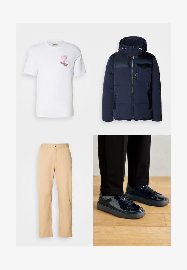 Scotch & Soda HOODED JACKET - Vinterjakker - sky captain; Hvid bomulds t-shirt med et pink blomstermotiv og tekstdesign på venstre bryst. Korte ærmer og en klassisk rund hals.; Khaki bomuldsbukser med lige ben-design, der har en frontknaplukning og bæltestropper. Glat tekstur og ensartet overflade.; Sorte laklæder sneakers med en tekstureret gummisål, rund tå og matchende sorte snørebånd, parret med sorte bukser på et trægulv.