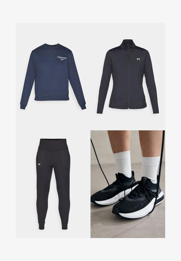 Casaco atlético preto feito de um tecido liso e elástico, com gola alta e zíper completo, apresentando um pequeno logótipo branco no canto superior esquerdo.; Sweatshirt azul-marinho com mangas longas, punhos e bainha canelados. Apresenta texto do logótipo branco no peito; o tecido parece liso e semelhante ao algodão.; Leggings atléticos pretos, feitos de material elástico, com uma cintura alta, bolsos laterais e punhos ajustados no tornozelo.; Sapatilhas desportivas pretas com tecido texturizado, sola branca e atacadores pretos. Usadas com meias brancas caneladas, a pé sobre uma superfície clara.