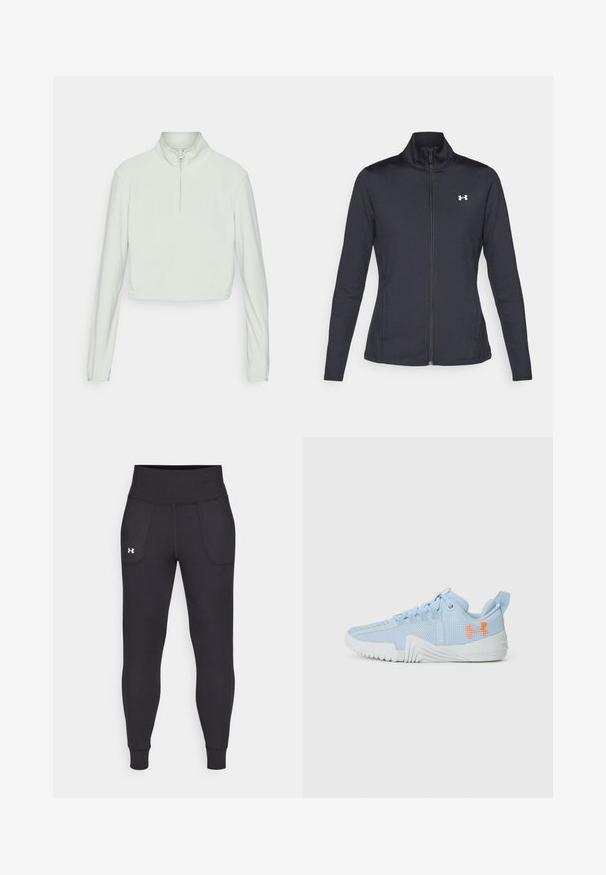 Svart treningsjakke laget av glatt, elastisk stoff med høy krage og hel glidelås, med en liten hvit logo på øvre venstre side.; Lys grønn kortermet genser laget av mykt stoff. Har en stående krage og en kort glidelås ved halsen, med lange ermer.; Svarte sportsleggings laget av elastisk materiale, med høy midje, sidelommer og tettsittende mansjetter ved ankelen.; Lyseblå sportsko laget av mesh-materiale med en teksturert såle, med en oransje logo og snøring.